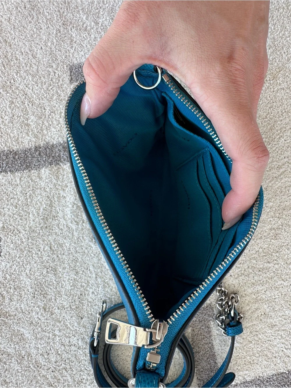 Coach Teal Pebbled Leather Crossbody Clutch with Chain Strap